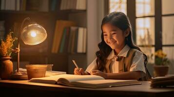 souriant asiatique enfant école fille Faire devoirs tandis que séance à bureau à maison. généreux ai photo