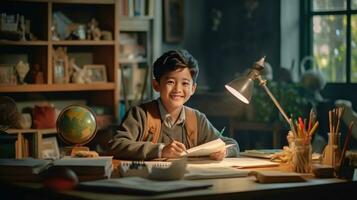 souriant asiatique enfant école garçon Faire devoirs tandis que séance à bureau à maison. généreux ai photo
