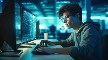 une Jeune homme programmeur l'écriture code sur le clavier dans le Bureau espace. génératif ai photo