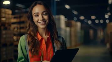 portrait de une souriant femme avec une tablette pour vérification marchandises. logistique et affaires exportation concept. génératif ai photo