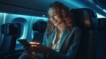 une souriant femelle entrepreneur dans costume en utilisant téléphone intelligent tandis que séance dans un avion. en ligne la communication sur avions. génératif ai photo