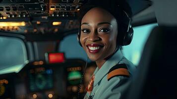 africain américain femme travail comme vol préposé. femelle avion hôtesse intérieur de passager avion. génératif ai photo