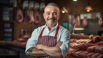 portrait de une content Boucher permanent avec bras franchi dans moderne Viande magasin. génératif ai photo