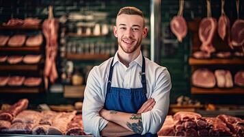 portrait de une content Jeune Masculin Boucher permanent avec bras franchi dans moderne Viande magasin. génératif ai photo