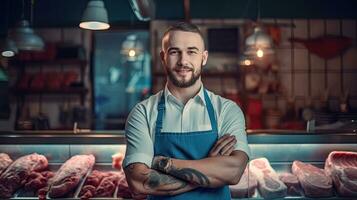 portrait de une content Jeune Masculin Boucher permanent avec bras franchi dans moderne Viande magasin. génératif ai photo