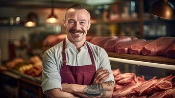 portrait de une souriant Boucher travail dans moderne Viande magasin. génératif ai photo