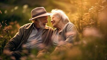 une content personnes âgées couple chute dans l'amour dans le la nature. personnes âgées personnes. génératif ai photo