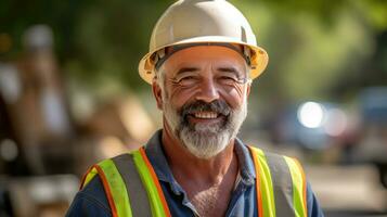 une souriant homme travail sur une construction placer, construction difficile chapeau et travail gilet. milieu vieilli. génératif ai photo