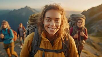 une souriant Jeune femme promeneur avec sac à dos à la recherche à caméra avec groupe de copains randonneurs monte à le Haut de le colline. promeneur, touristique camp. génératif ai photo