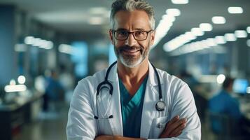 portrait de une souriant médecin permanent avec bras franchi dans hôpital couloir. génératif ai photo