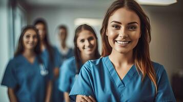 content Jeune allaitement étudiant permanent avec sa équipe dans hôpital, habillé dans gommages, médecin interne. génératif ai photo