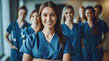 content Jeune allaitement étudiant permanent avec sa équipe dans hôpital, habillé dans gommages, médecin interne. génératif ai photo