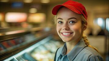 portrait de souriant Jeune femelle supermarché ouvrier. génératif ai photo