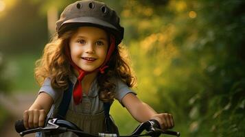 une mignonne peu fille dans vélo casque ayant amusement par équitation vélo. mignonne enfant dans sécurité casque Cyclisme en plein air. génératif ai photo