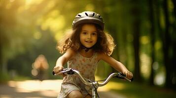 une mignonne peu fille dans vélo casque ayant amusement par équitation vélo. mignonne enfant dans sécurité casque Cyclisme en plein air. génératif ai photo