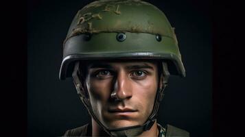 une Masculin portant vert militaire casque. génératif ai photo