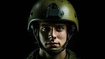 une Masculin portant vert militaire casque. génératif ai photo