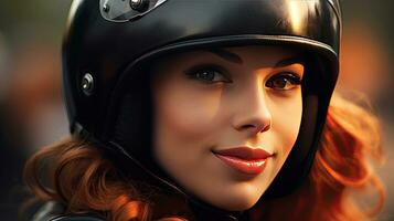 une magnifique femme dans moto casque. génératif ai photo