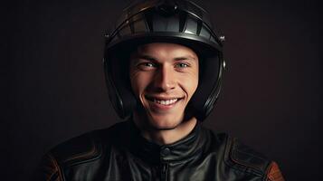 portrait de une souriant Masculin motard dans cuir veste et moto casque à la recherche à caméra. karting sport concept. génératif ai photo