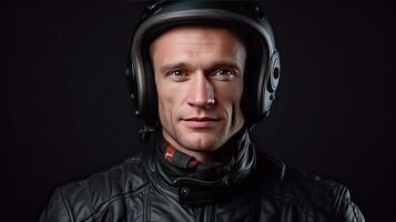 portrait de une souriant Masculin motard dans cuir veste et moto casque à la recherche à caméra. karting sport concept. génératif ai photo