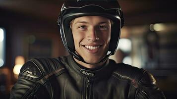 portrait de une souriant Masculin motard dans cuir veste et moto casque à la recherche à caméra. karting sport concept. génératif ai photo