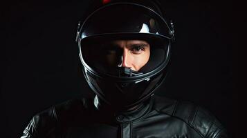 portrait de une souriant Masculin motard dans cuir veste et moto casque à la recherche à caméra. karting sport concept. génératif ai photo