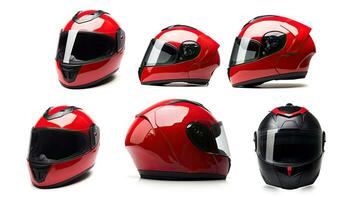 ensemble collection de rouge moto carbone intégral crash casque isolé sur blanc Contexte. génératif ai photo