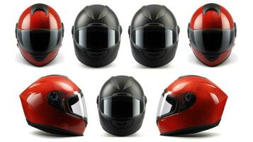 ensemble collection de rouge moto carbone intégral crash casque isolé sur blanc Contexte. génératif ai photo