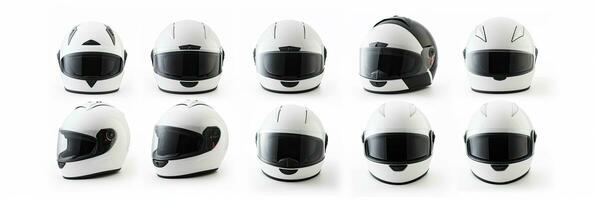 ensemble collection de blanc moto carbone intégral crash casque isolé sur blanc Contexte. génératif ai photo