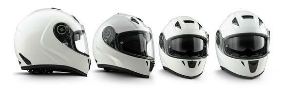 ensemble collection de blanc moto carbone intégral crash casque isolé sur blanc Contexte. génératif ai photo