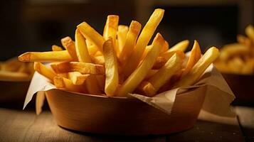 français frites sur en bois table dans le restaurant. génératif ai photo