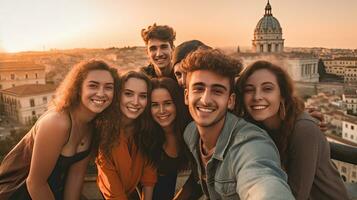 groupe de Jeune copains prise selfie avec intelligent mobile téléphone dispositif à Rome, Italie repère. génératif ai photo