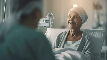 content infirmière discuter et consolant à Sénior cancer les patients dans hôpital. génératif ai photo