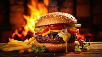 savoureux Burger avec français frites et Feu sur en bois tableau. génératif ai photo