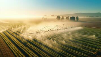 aérien vue de à agricole irrigation système dans Patate champ, arrosage surgir pour plus croissance. centre pivot système irrigation. arrosage surgir dans champ à cultiver. génératif ai photo