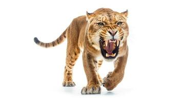 une dent de sabre tigre Smilodon sur une blanc Contexte. génératif ai photo