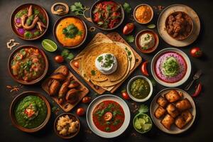 Haut vue de différent Indien vaisselle sur foncé Contexte. Indien cuisine. ai génératif photo