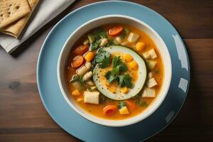 légume soupe dans une bol sur en bois Contexte. ai génératif photo