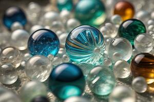 coloré verre marbres sur une le tableau. sélectif se concentrer. ai génératif photo