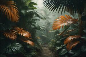 une sentier dans tropical forêt tropicale avec paume des arbres et chemin dans le brume. ai génératif photo