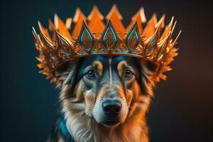 portrait de une mignonne chien dans une d'or couronne sur une solide Couleur Contexte. ai génératif photo