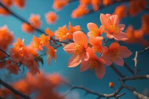 Cerise fleur Sakura fleur sur bleu ciel arrière-plan, ai génératif photo