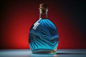 bouteille avec une liquide sur une solide Couleur Contexte. ai génératif photo