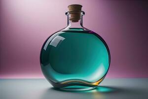 bouteille avec une liquide sur une solide Couleur Contexte. ai génératif photo