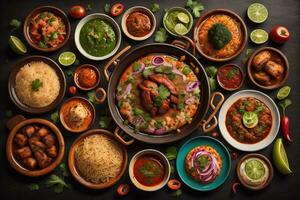 Haut vue de différent Indien vaisselle sur foncé Contexte. Indien cuisine. ai génératif photo