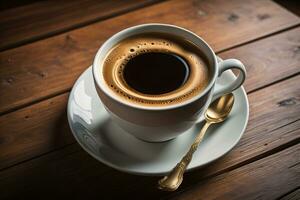 café tasse sur une en bois tableau, Haut voir. ai génératif photo