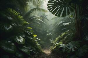 une sentier dans tropical forêt tropicale avec paume des arbres et chemin dans le brume. ai génératif photo