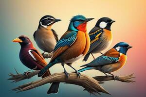 vecteur illustration de une groupe de coloré des oiseaux séance sur une branche. ai génératif photo