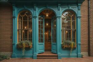 coloré les fenêtres de une typique maison dans le ville, ai génératif photo