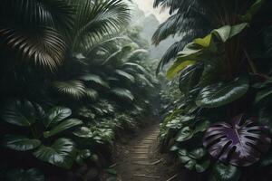 une sentier dans tropical forêt tropicale avec paume des arbres et chemin dans le brume. ai génératif photo